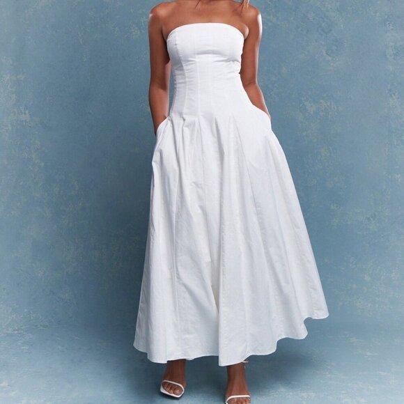 White Elegant Women's Corset Bust Pleated Bandeau Maxi Dress - Picture 1 of 5